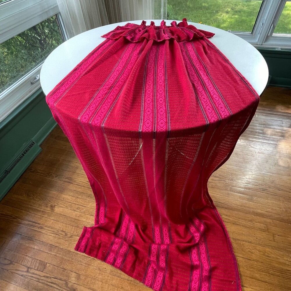 Vintage 70s curtain, red, pink, purple stripes, ruffled top, pleated panel